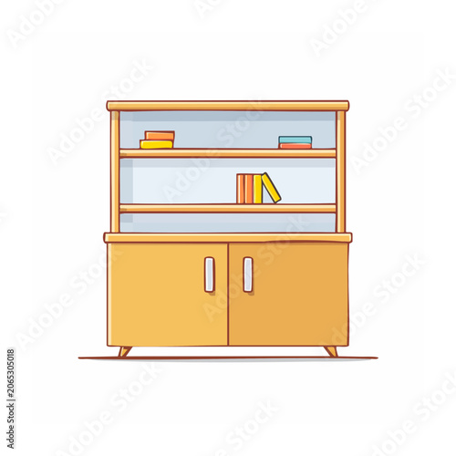 Flat design illustration of a wooden bookshelf cabinet with books