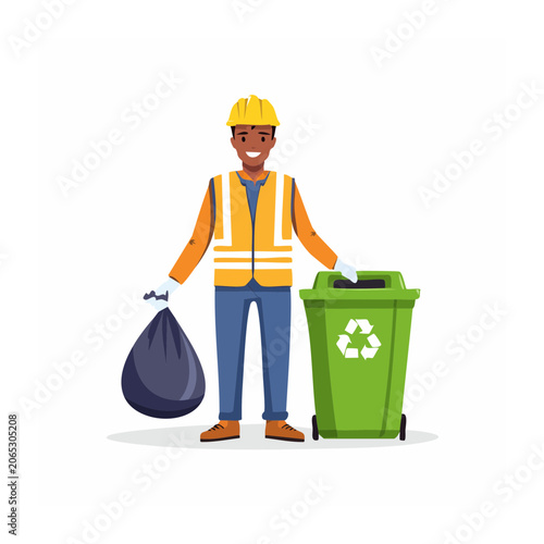 Sanitation worker with trash bag and recycling bin