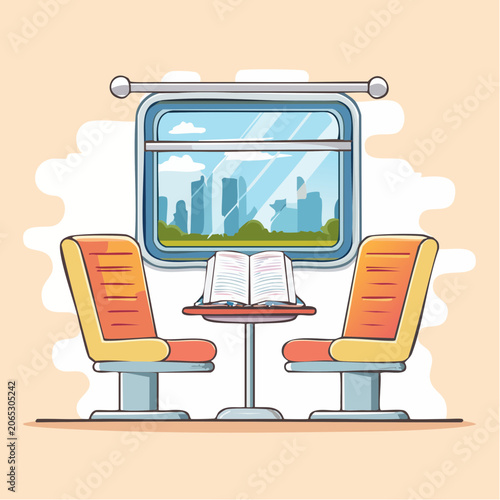 Train interior with window view of cityscape and open book
