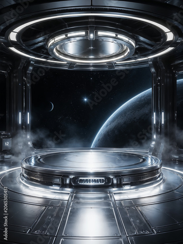 Sci-fi futuristic room background with empty podium and space view