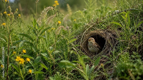 Rewilding grassland sparrow peeking from burrow entrance at bird nest amid wildflower meadow and grassland creating calm natural scene