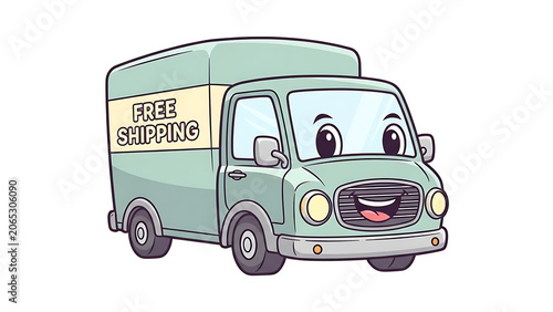 Cartoon delivery truck, free shipping, green vehicle, smiling transport