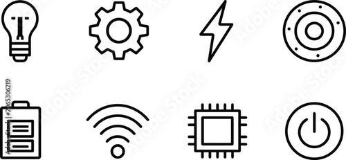 Battery icon outline set, technology and interface elements