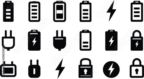 Battery icon set vector, energy charging and power symbols