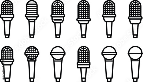 Microphone icon set of sound recording equipment tools