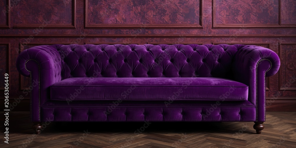 Naklejka premium Purple luxurious velour quilted sofa upholstery featured in classic vintage royal interior design and textured backdrop