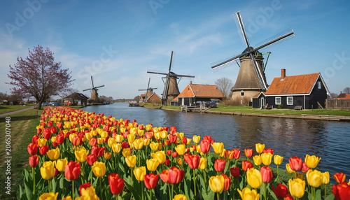 Landscape with tulips, traditional dutch windmills and houses near the canal in Zaanse Schans, Netherlands, Europe.