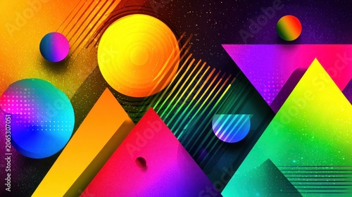 Vibrant geometric shapes and radiant colors create a dynamic abstract composition
