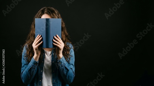 Woman hiding her face behind a blue book against black background