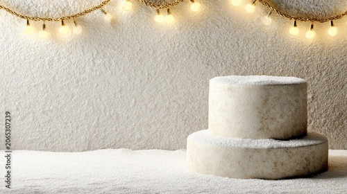 Two tiered white pedestal sits on a snowy surface beneath glowing string lights