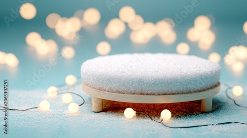 Cylindrical display stand covered in white texture rests amidst glowing lights and fine powder