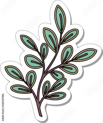 Stylized Branch with Green Leaves Sticker Illustration.