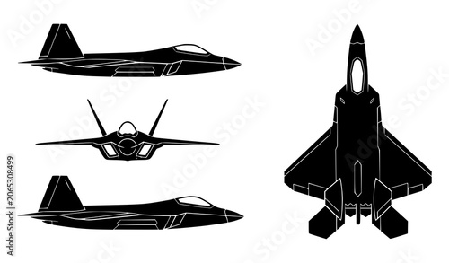 Schilderij op canvas Military Aircraft Black Silhouette Vector Technical Drawing with Front Top and S