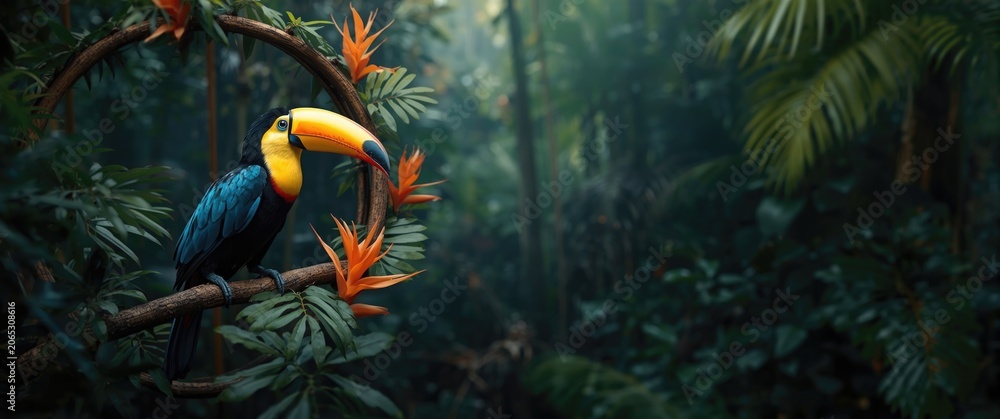 Fototapeta premium Tropical bird toucan occupying a naturalistic enclosure branch with rich jungle background