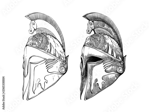 Foto Historical knight war helmet hand drawn sketch with hatching and cross hatching