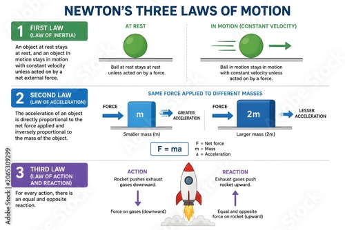 Newton’s Laws of Motion Physics Diagram with Inertia Force and Reaction
