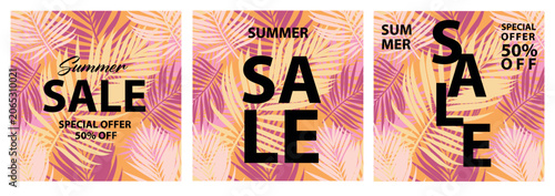 Summer sale social media templates with tropical palm leaves background. Bright promotional banners for discount offers, advertising campaigns, fashion sales, retail marketing and seasonal promotions.