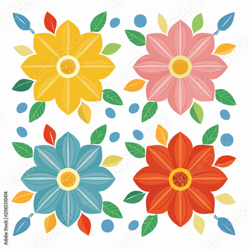 Colorful Floral Pattern with Leaves and Dots