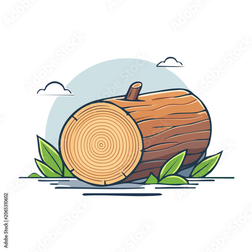 Flat design illustration of a wood log with leaves and clouds
