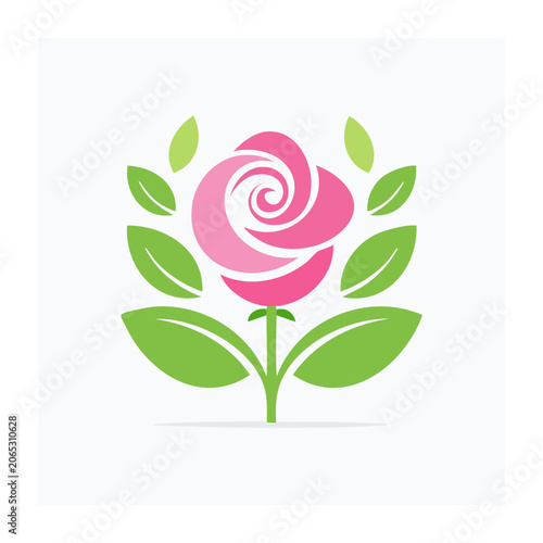 Flat design pink rose with green leaves