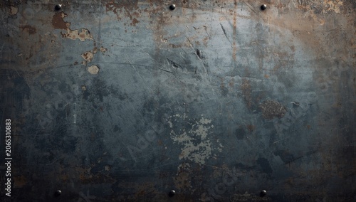 Weathered steel sheet featuring distressed grunge texture background under studio lighting copy space