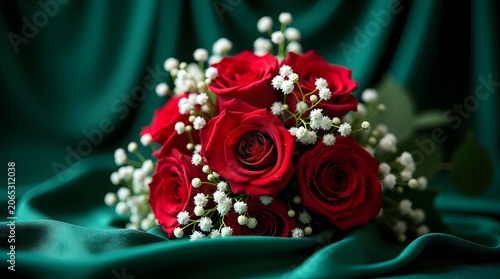 A beautiful bouquet of red roses and baby's breath on green fabric