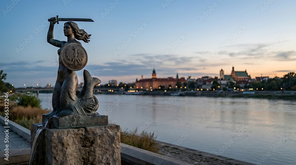 Fototapeta premium Mermaid statue by the river with city skyline at sunset
