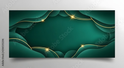 Abstract green paper cut background with luxury gold lines isolated on transparent background