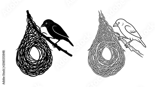 Bild auf Leinwand Bird s Nest With Perched Birds Black And White Vector Illustration