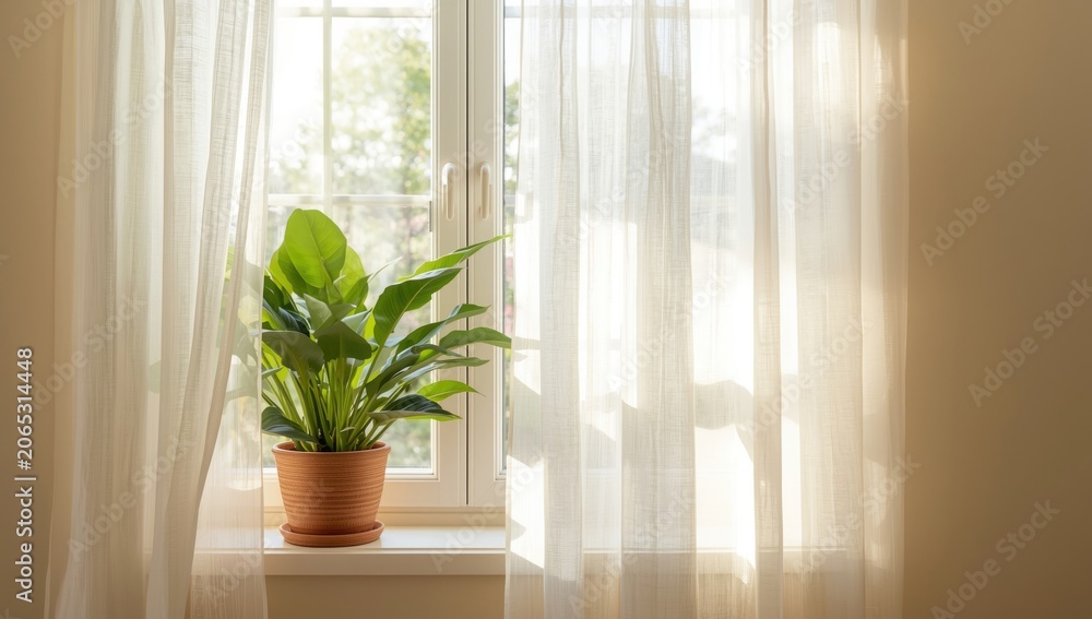Fototapeta premium Soft sunlight entering through window with vibrant indoor plant creating an inviting warm mood and copy space