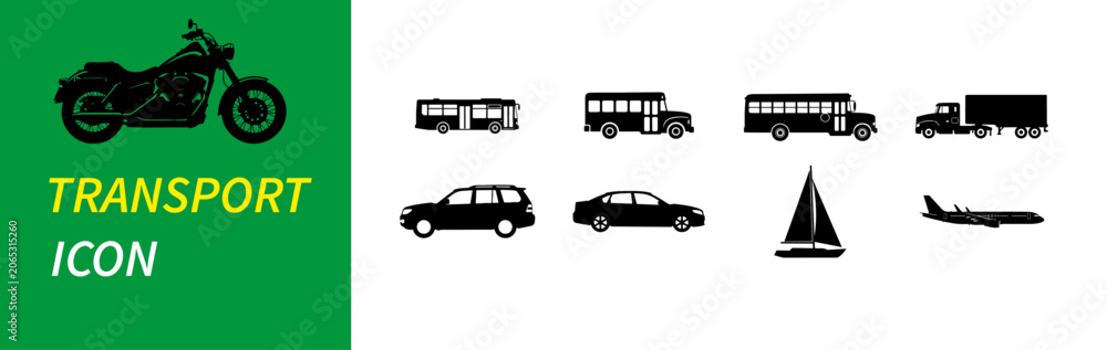 Obraz premium Transport icon set with 9 vehicle silhouettes, black transportation symbols on white and green background, automotive and logistics graphics