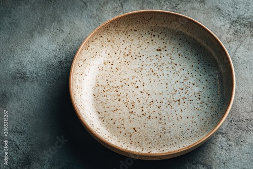 Rustic Ceramic Bowl: A close-up overhead view of a speckled, rustic ceramic bowl, casting a subtle shadow on a textured grey surface, evokes a sense of simple elegance and artisanal charm.