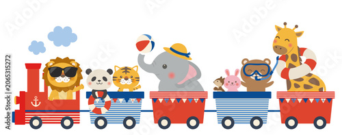 Photography Cute summer animal train with beach toys, safari animals riding colorful railway