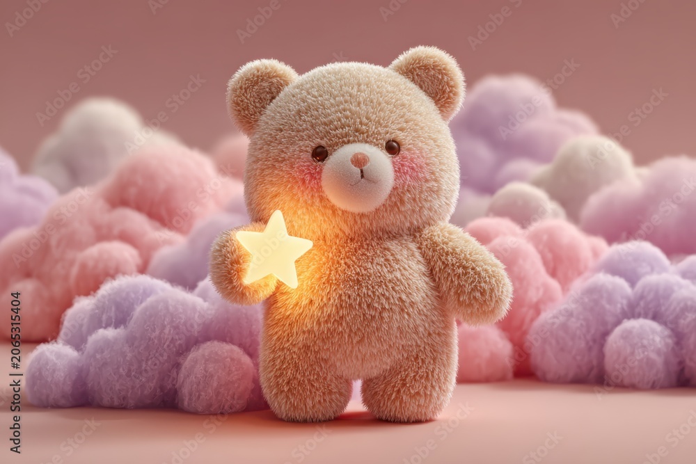 Fototapeta premium Dreamy Teddy Bear with Star: A fluffy, soft teddy bear sits amidst whimsical pastel clouds, clutching a glowing star. This image evokes a sense of gentle dreams, comfort, and childlike wonder.