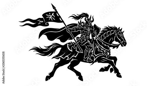 Schilderij op canvas Fantasy warlord black silhouette riding galloping horse with battle banner medie