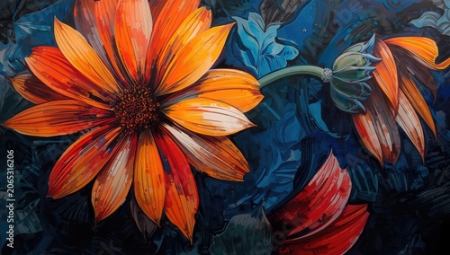 dynamic flower painting featuring bold shades on a night backdrop