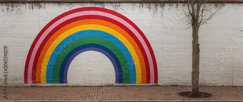 Colorful rainbow mural on a brick wall with a tree