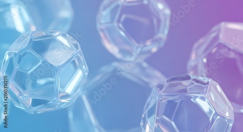 Abstract glass spheres floating in blue and purple light isolated on transparent background