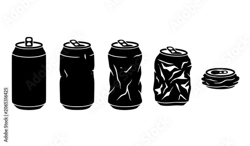 Foto Black Silhouette Soda Can Crushing Sequence Set from Full to Flat Crushed Stage