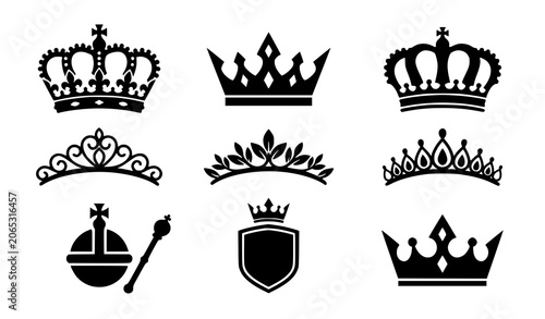 Foto Black Silhouette Royal Crown and Tiara Icon Set with King, Queen, and Princess S