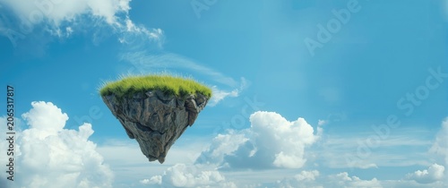 Floating island covered in grass against a blue sky