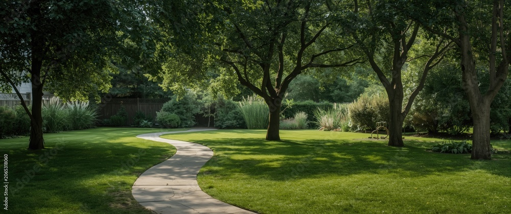 Obraz premium Winding pathway through a lush green garden