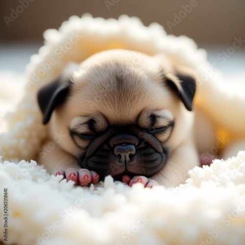 A cute pug puppy sleeping peacefully on a soft blanket indoors