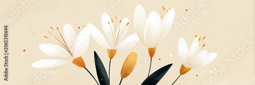 Elegant white flowers with orange details and dark leaves on light beige textured background, modern botanical design