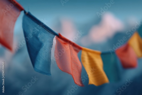 Colorful prayer flags fluttering against blue sky high in mountain pass