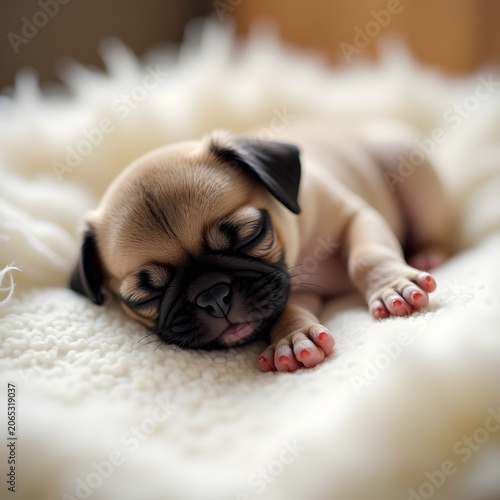 A small pug puppy sleeping peacefully on a soft white blanket