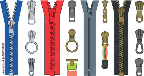 Schilderij op canvas Zipper vector collection featuring open and closed fabric zips colorful metal pl