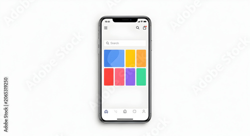 Modern smartphone screen displays vibrant app interface with colorful tiles and search bar, perfect for digital design and tech concepts