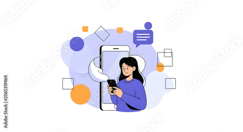 Young woman happily texting on smartphone amidst abstract modern shapes and communication bubbles, conveying connection and digital interaction.