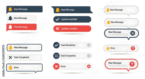 Modern UI notification alerts and messages for app interfaces showing new messages, task updates, and errors with clear icons